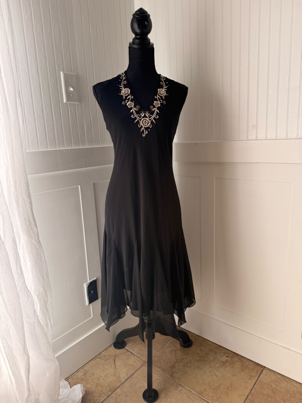 dressbarn Black Asymmetrical Hem Dress with Embellished V-Neck